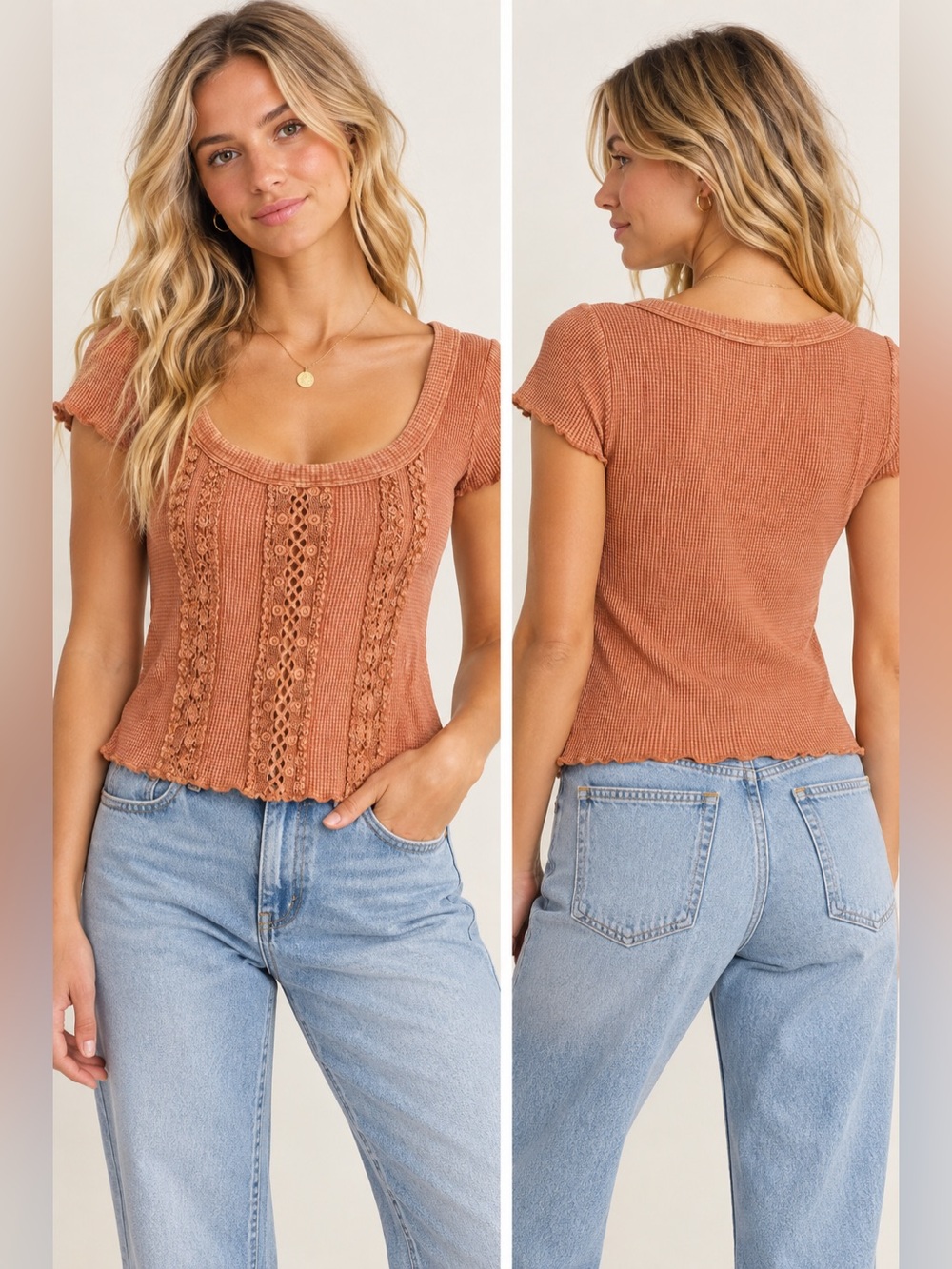 Altar'd State Peach Scoop Neck Lace-Panel Short Sleeve Top